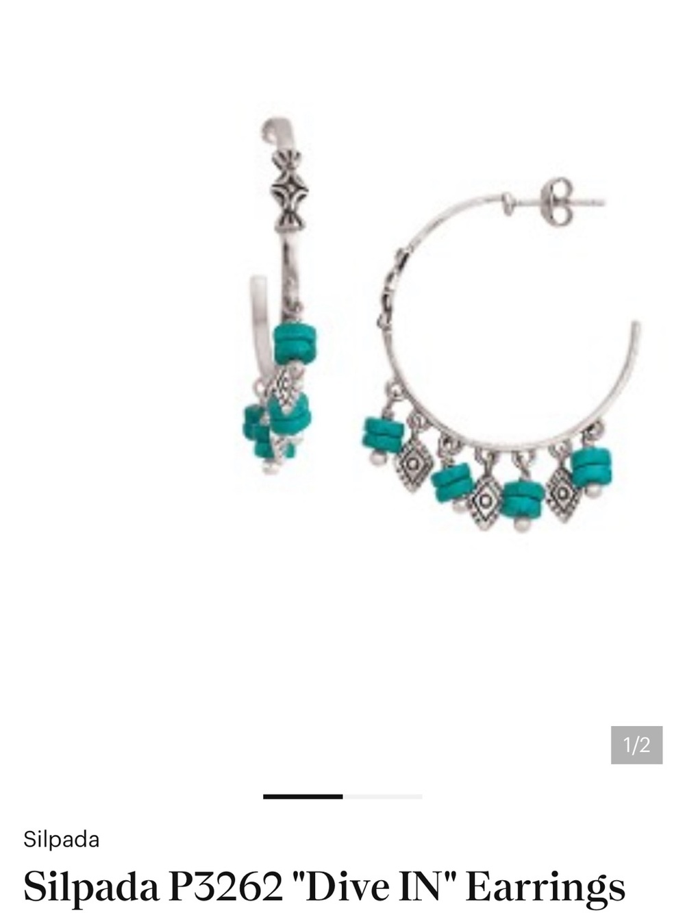 Silpada Turquoise Bead Hoop Earrings with Silver Geometric Charms P3262 - Picture 2 of 2